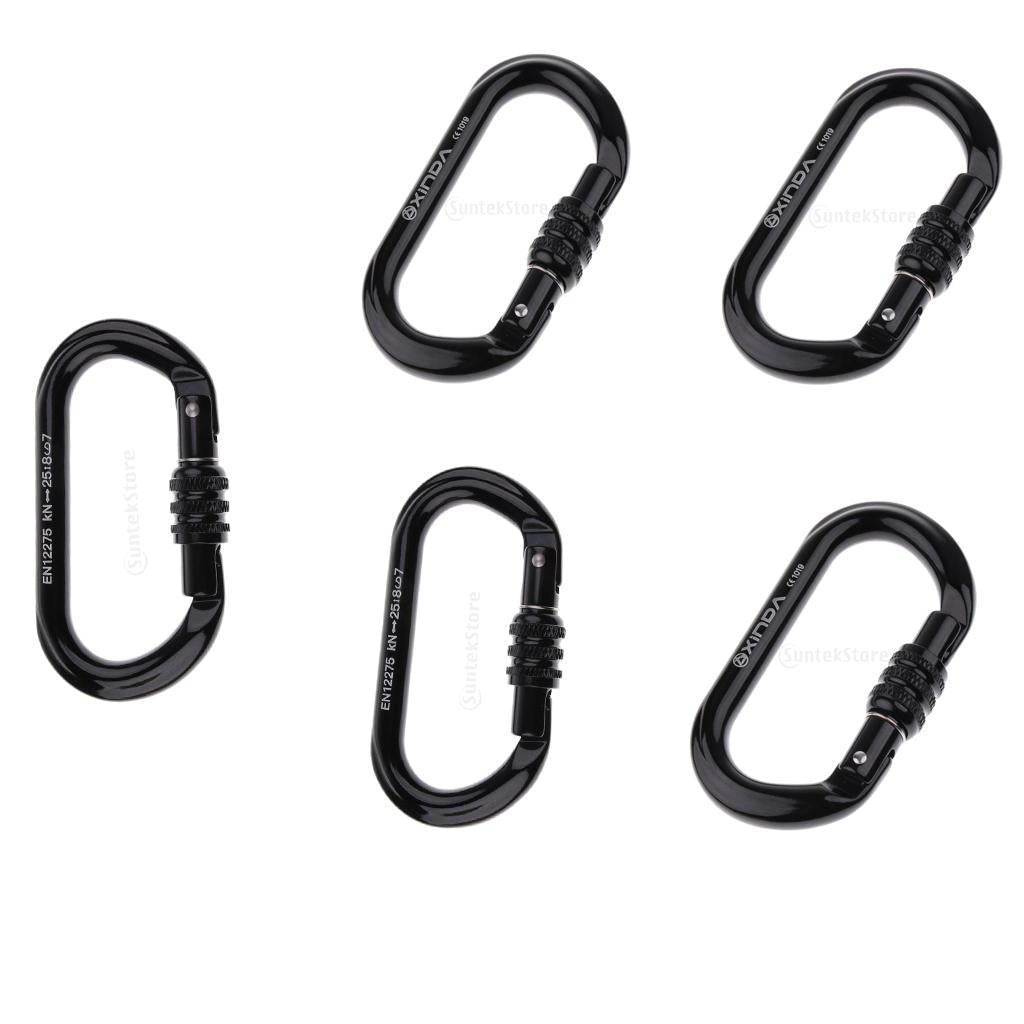 5pcs Rock Climbing Carabiner Screw Locking O-Shaped Buckle 8KN-25KN Black