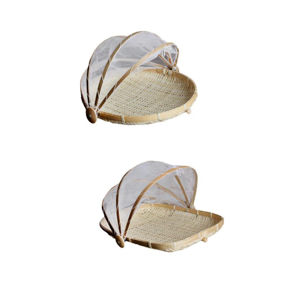 2 piece Bamboo Tent Basket Serving Food Outdoor Picnic Pop Up Mesh Net Cover