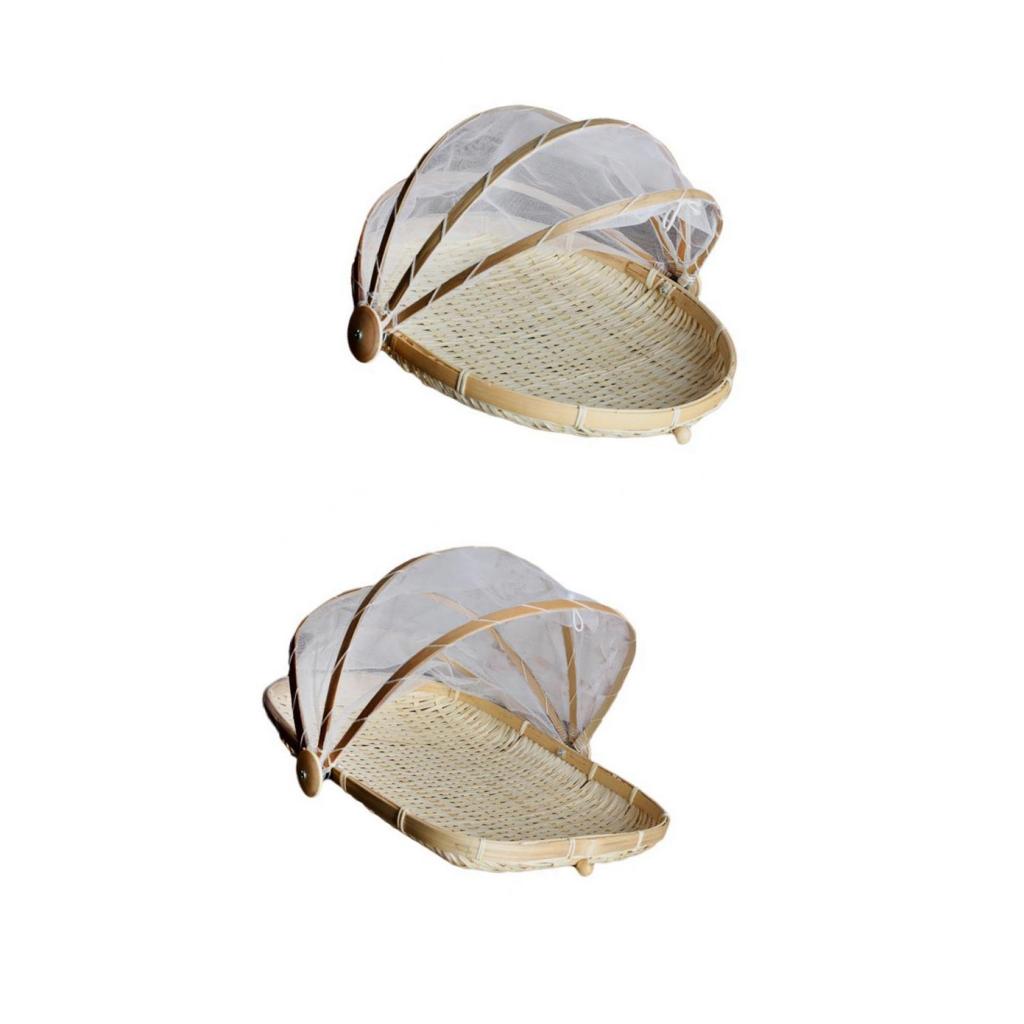 2 piece Bamboo Tent Basket Serving Food Outdoor Picnic Pop Up Mesh Net Cover