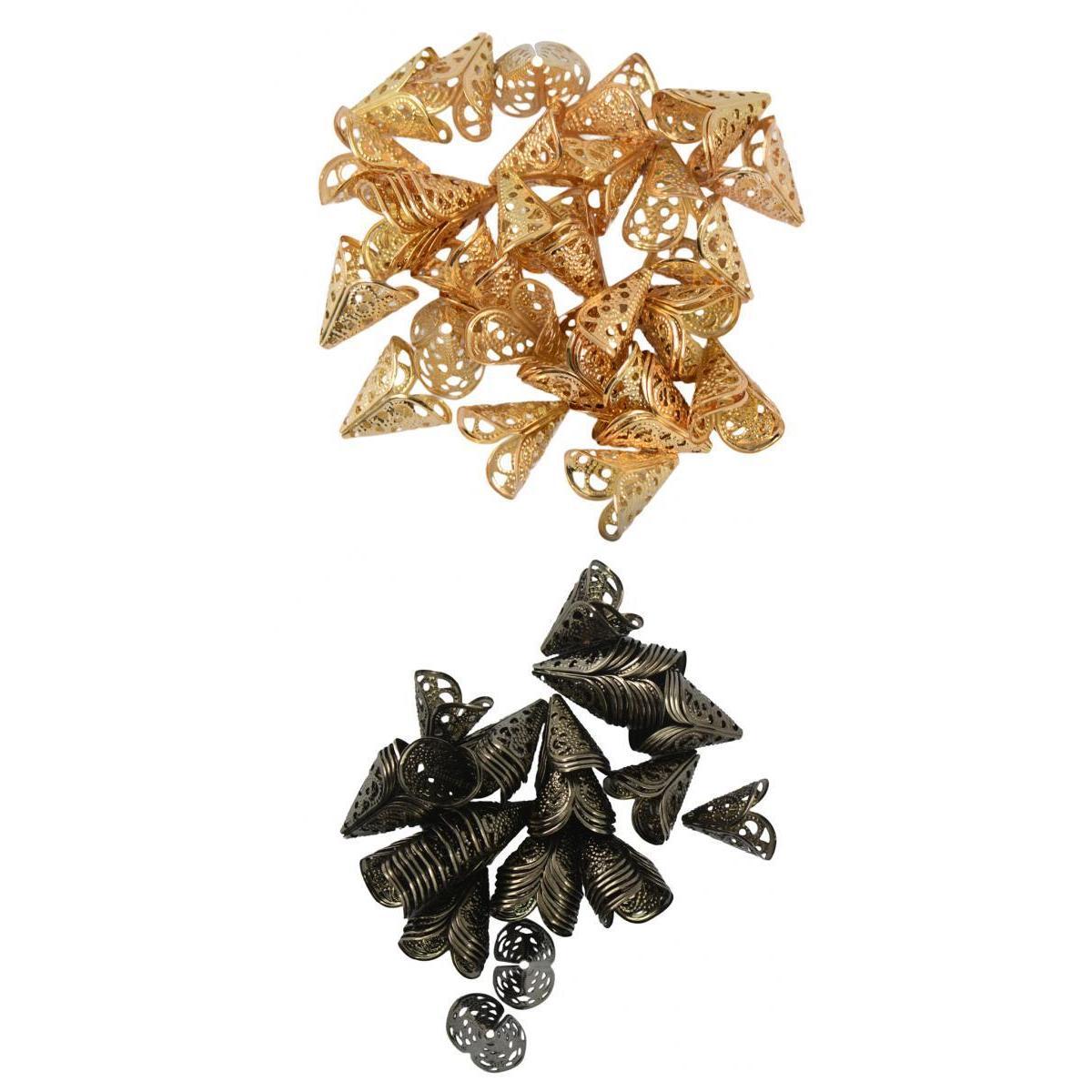 100Pcs 16mm Filigree Cone Flower Cap for Beads Tassel DIY Craft Gold & Black