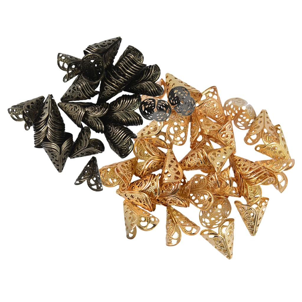 100Pcs 16mm Filigree Cone Flower Cap for Beads Tassel DIY Craft Gold & Black