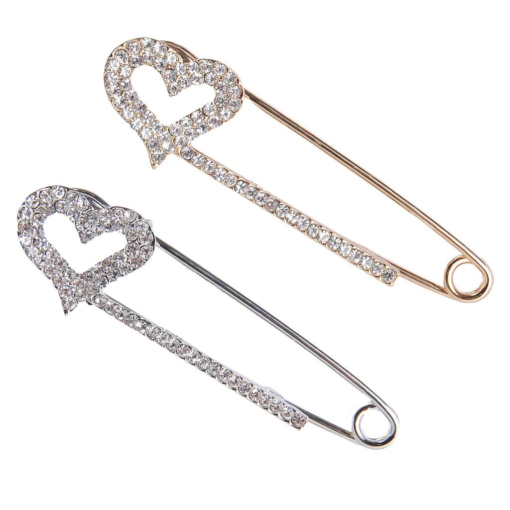 2 Pieces Crystal Safety Pin Scarf Coat Gown Clip Collar Lapel Pin Heart