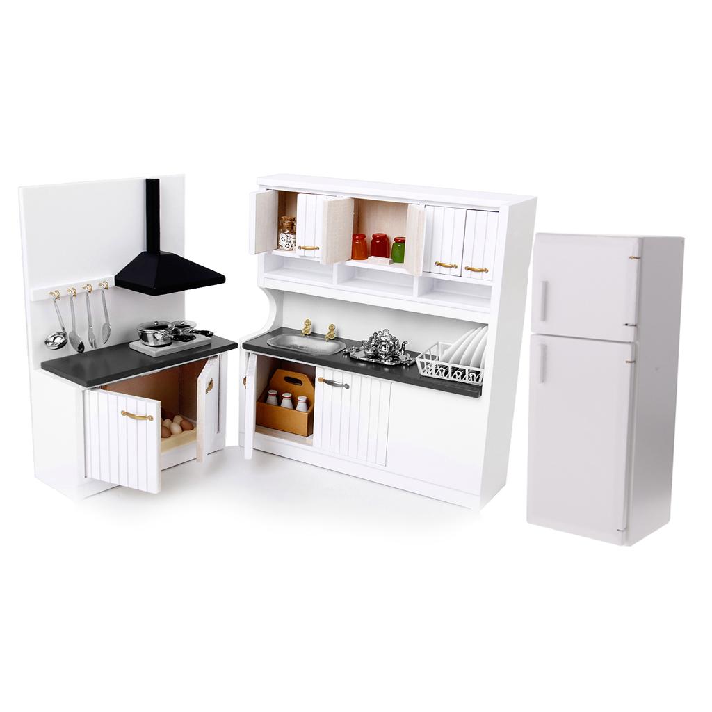 1/12 Dollhouse Miniature Wood Kitchen Cabinet Fridge Furniture Kit Accessory
