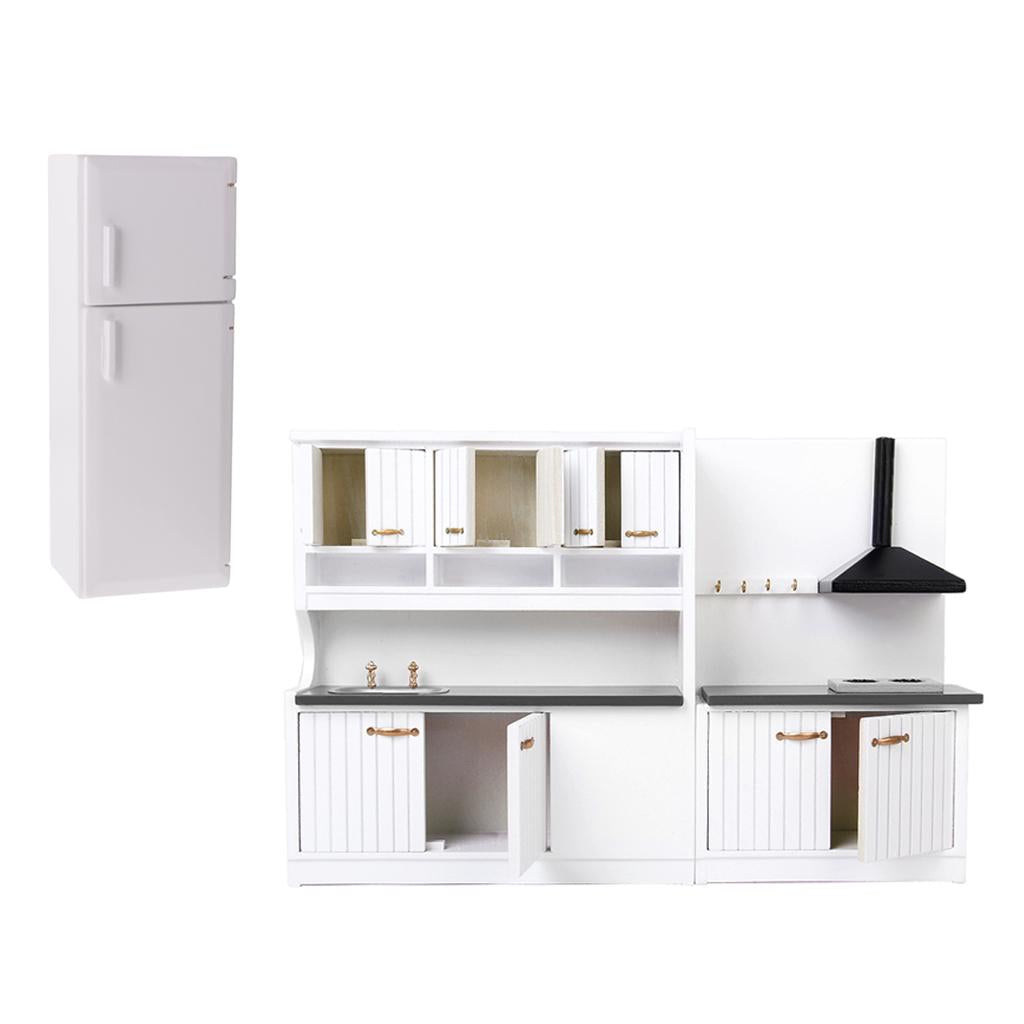 1/12 Dollhouse Miniature Wood Kitchen Cabinet Fridge Furniture Kit Accessory