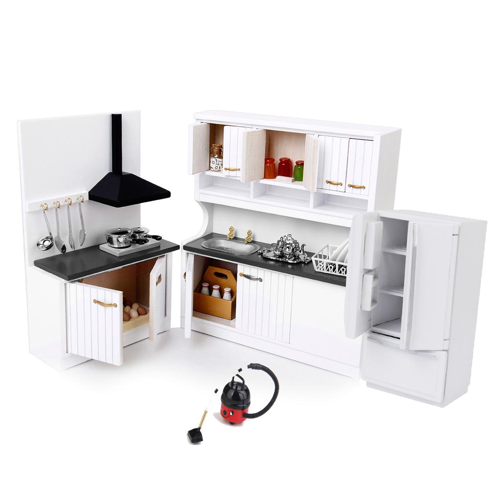 3 Sets 1/12 Dollhouse Miniature Wood Kitchen Cabinet Fridge Vacuum Cleaner