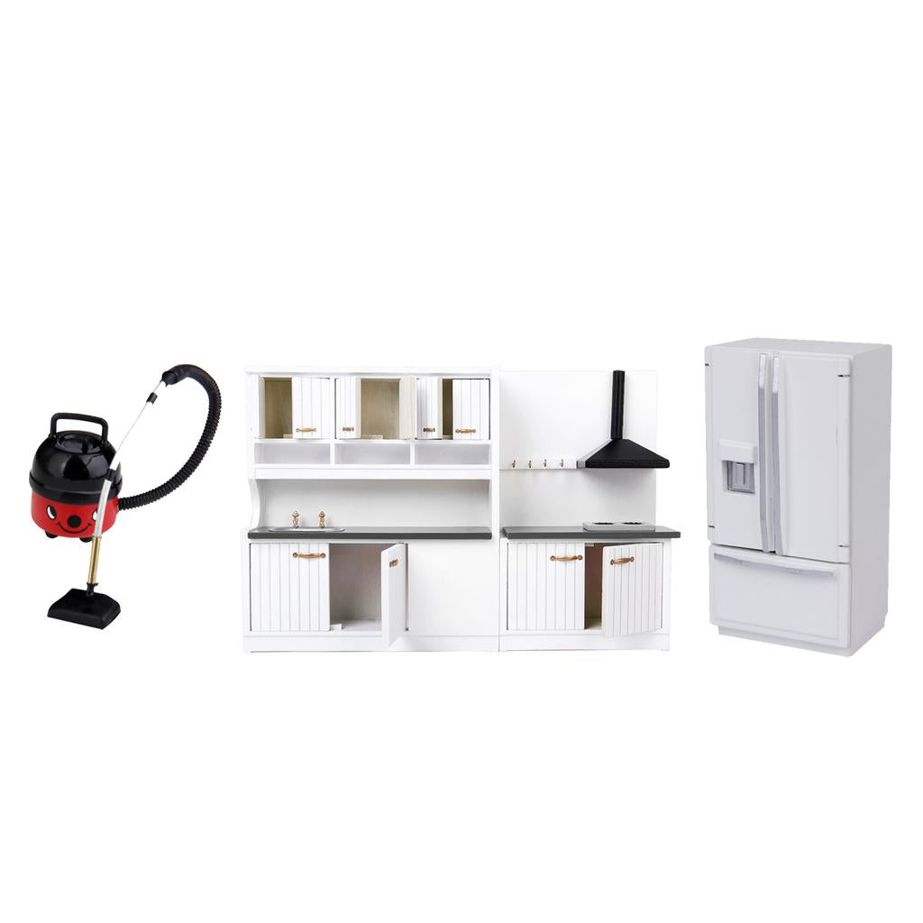 3 Sets 1/12 Dollhouse Miniature Wood Kitchen Cabinet Fridge Vacuum Cleaner