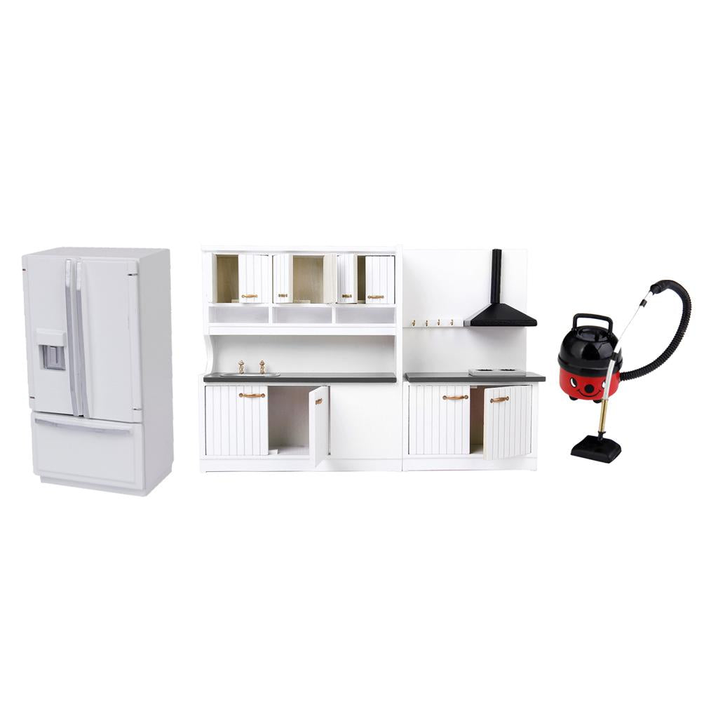 3 Sets 1/12 Dollhouse Miniature Wood Kitchen Cabinet Fridge Vacuum Cleaner