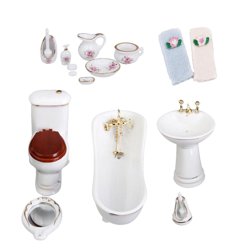 3 Sets 1/12 Dollhouse Miniature Bathroom Furniture Kit Bathtub Toilet Decor