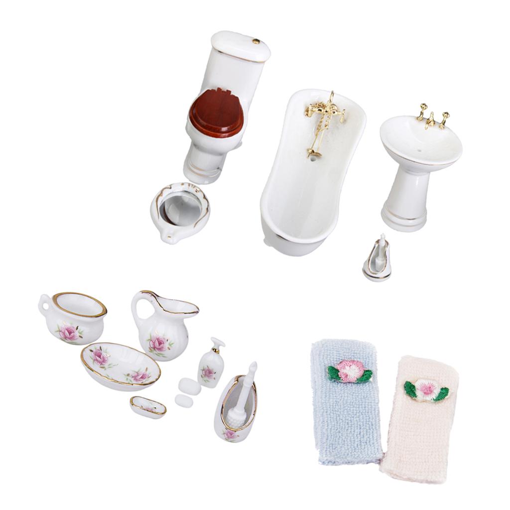 3 Sets 1/12 Dollhouse Miniature Bathroom Furniture Kit Bathtub Toilet Decor