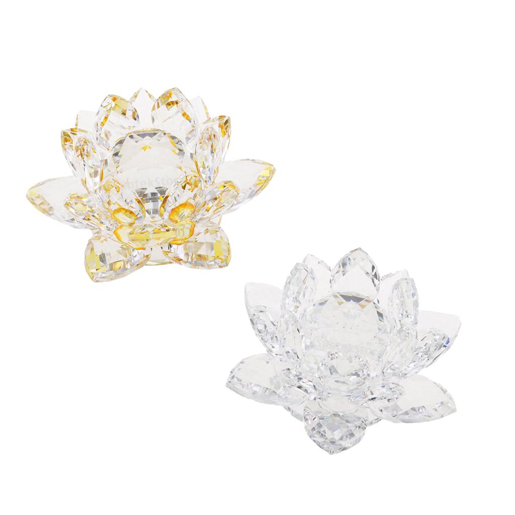 2Pcs Crystal Lotus Flower Craft Paperweight Feng Shui Decor Love Holy Transparent + Yellow