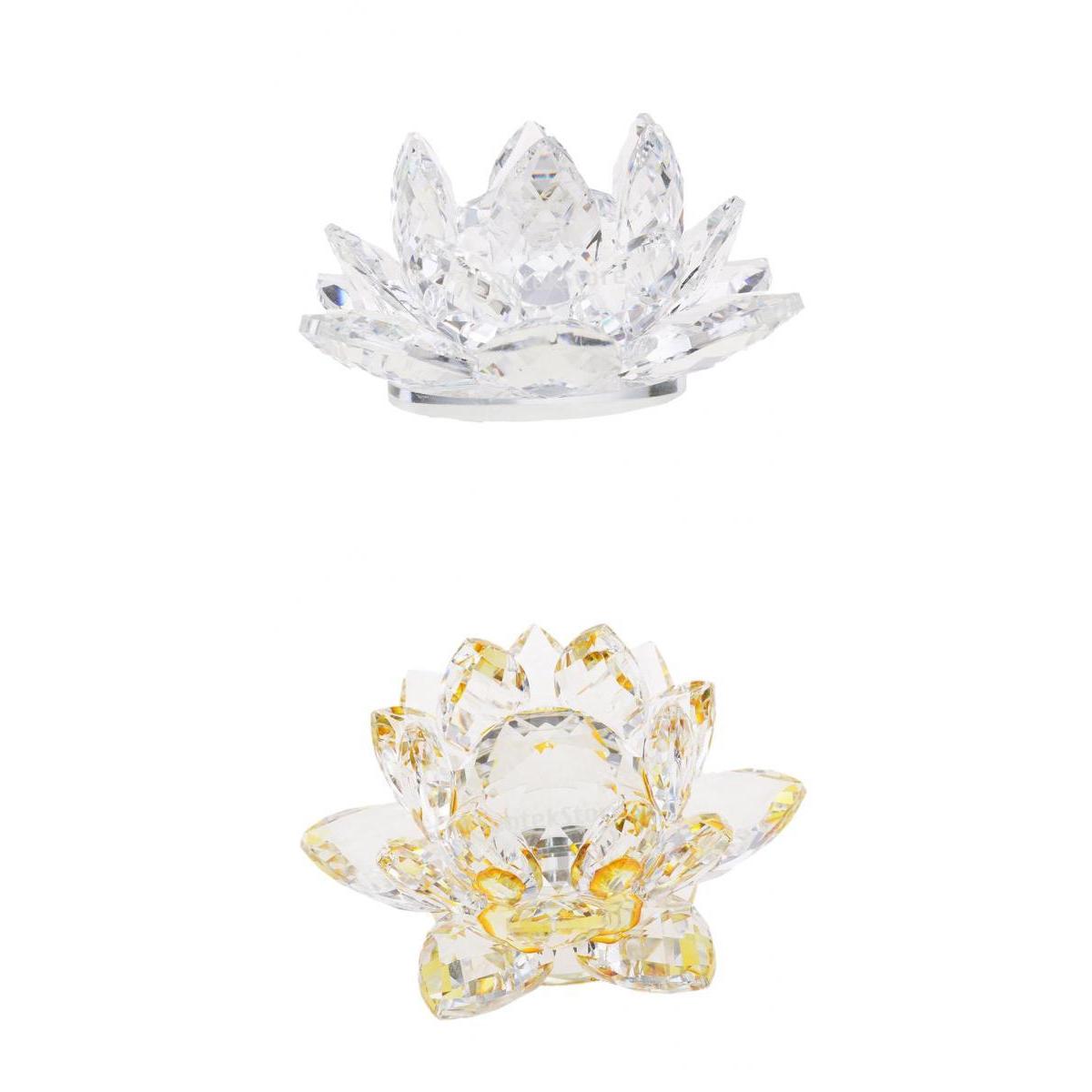 2Pcs Crystal Lotus Flower Craft Paperweight Feng Shui Decor Love Holy Transparent + Yellow