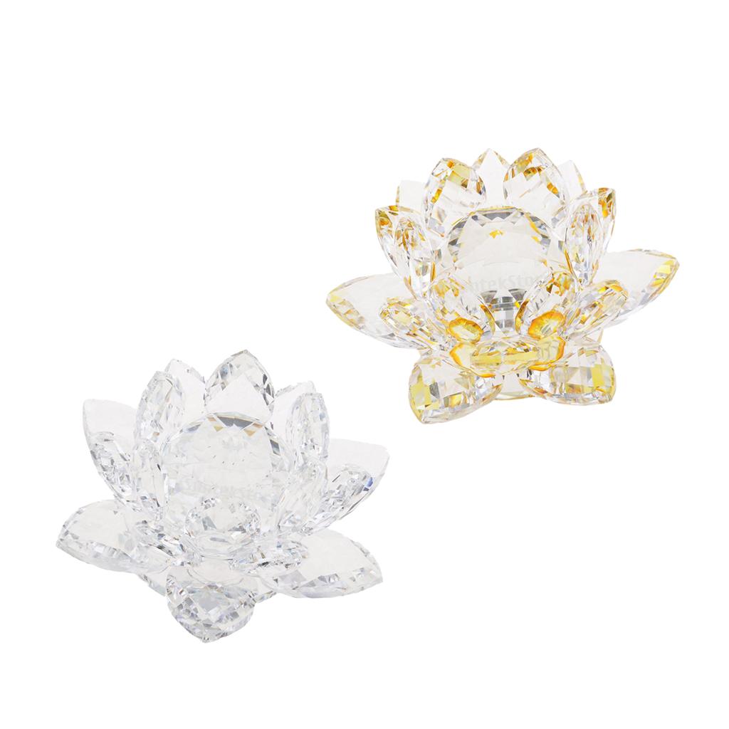 2Pcs Crystal Lotus Flower Craft Paperweight Feng Shui Decor Love Holy Transparent + Yellow