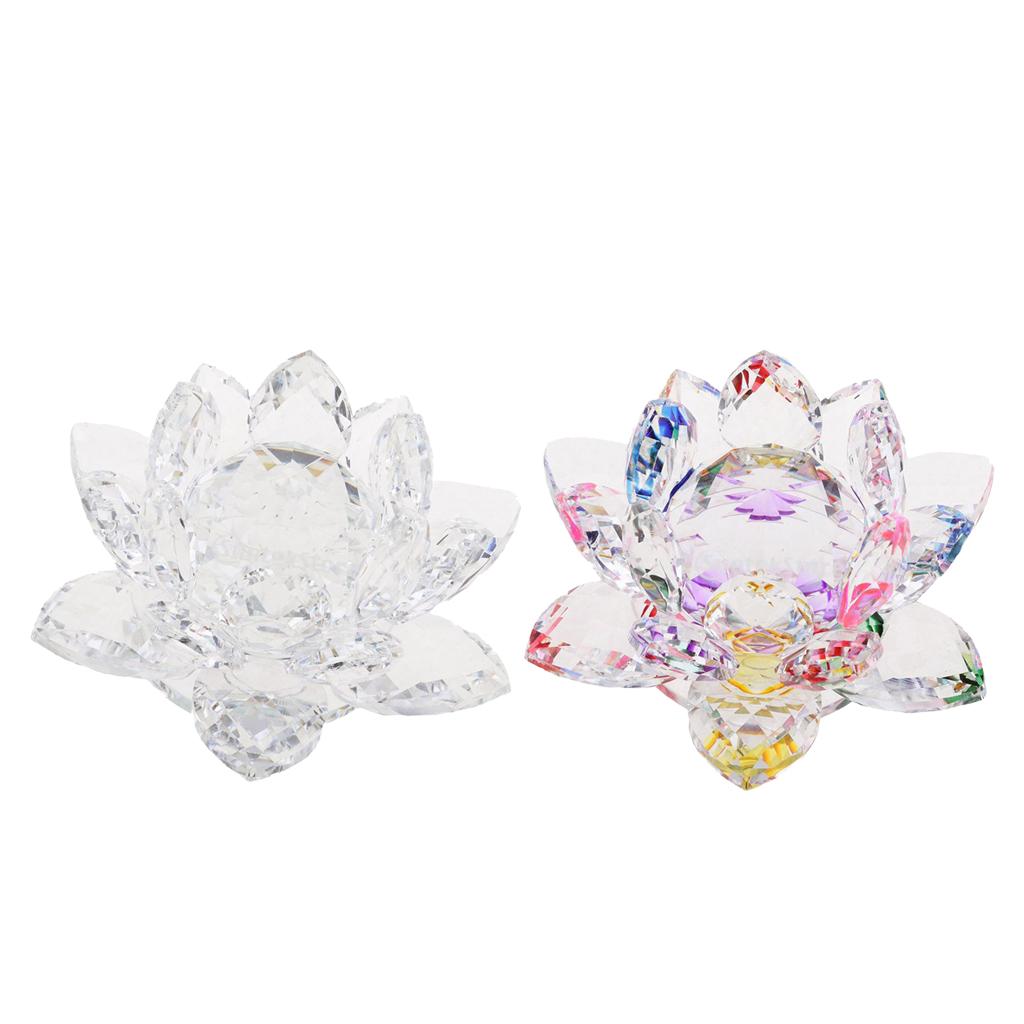 2Pcs Crystal Lotus Flower Craft Paperweight Feng Shui Decor Love Holy Transparent + Colorful