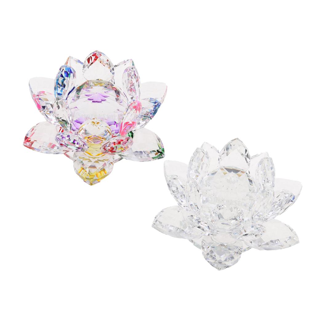 2Pcs Crystal Lotus Flower Craft Paperweight Feng Shui Decor Love Holy Transparent + Colorful