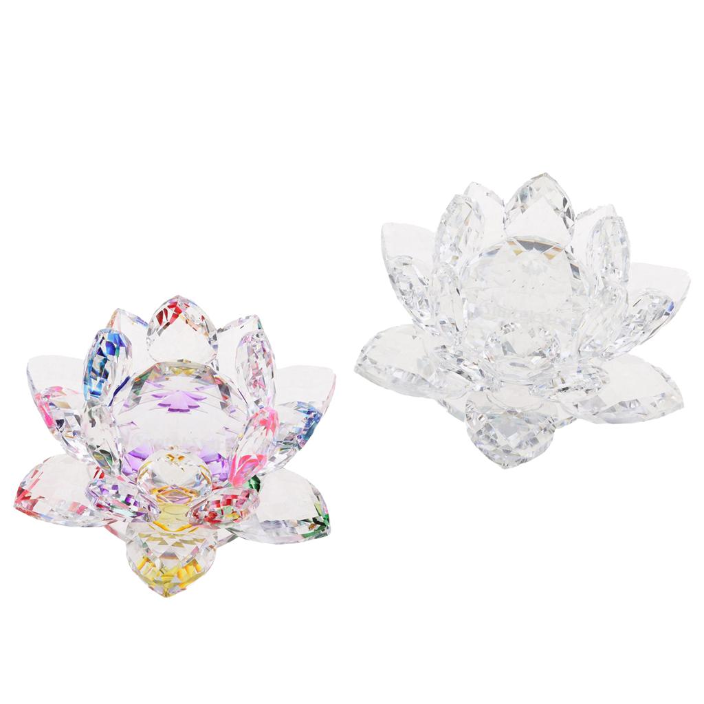 2Pcs Crystal Lotus Flower Craft Paperweight Feng Shui Decor Love Holy Transparent + Colorful