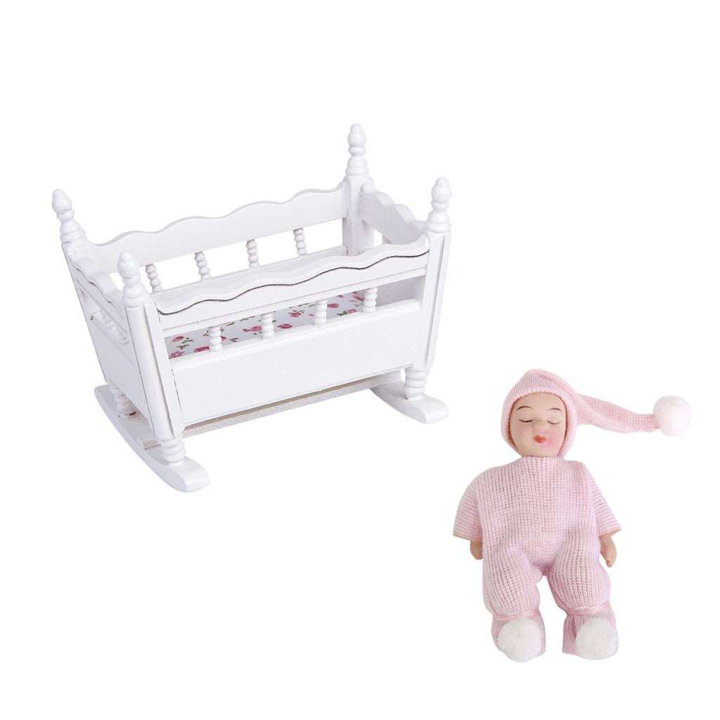 1/12 Dolls House Miniature White Wooden Nursery Cradle Crib + Sleeping Baby