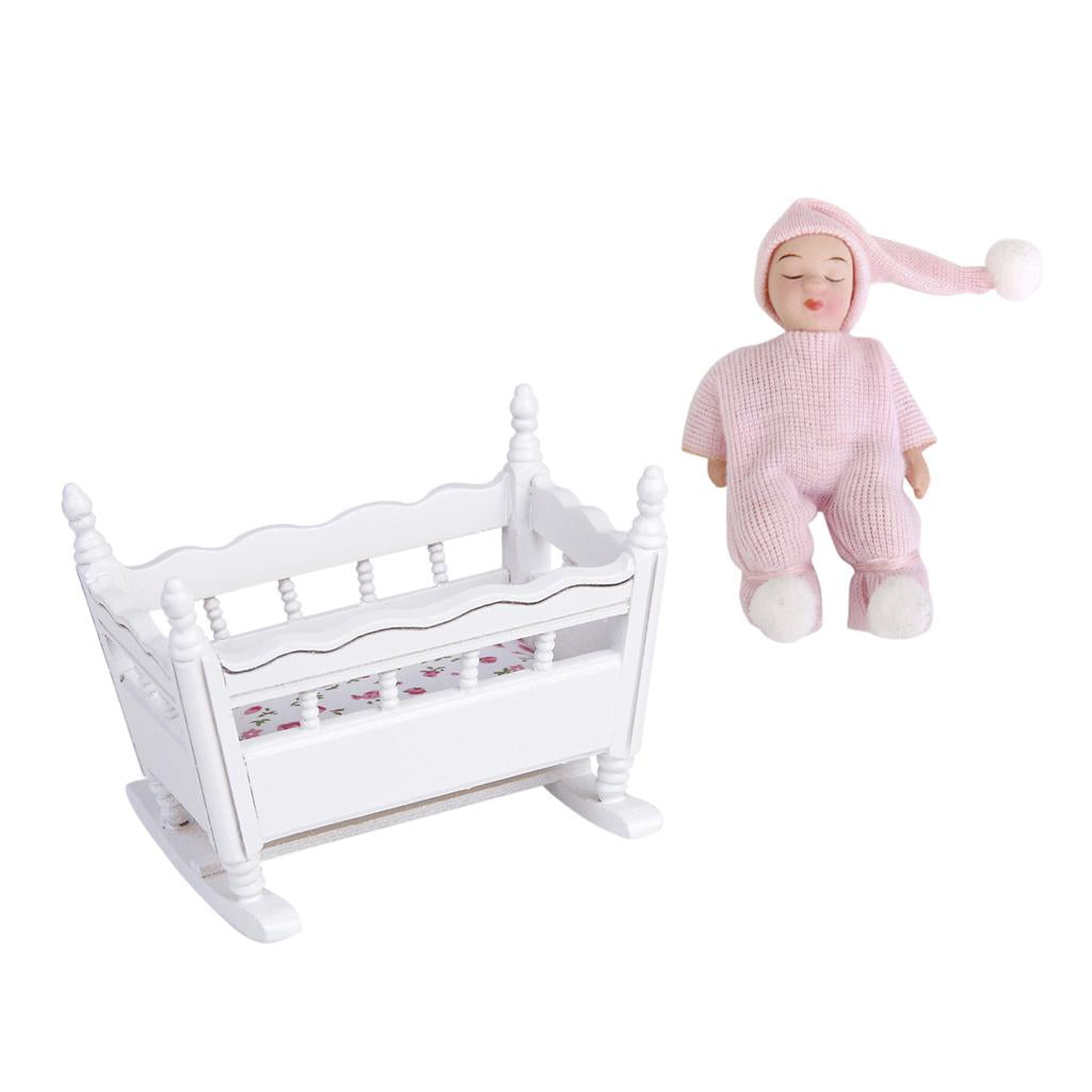 1/12 Dolls House Miniature White Wooden Nursery Cradle Crib + Sleeping Baby