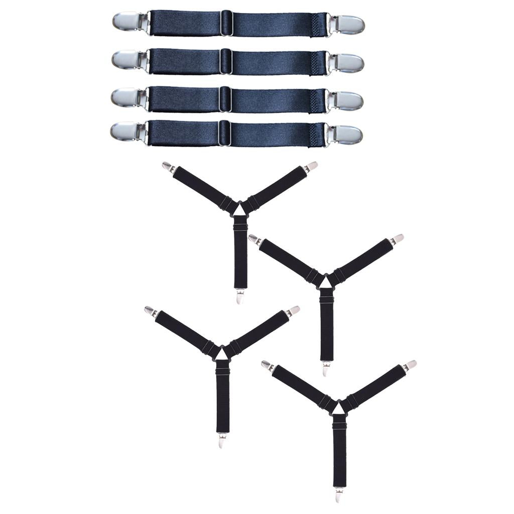 8 Pieces Black Bed Sheet Grippers Suspenders Fastener Clips 3-Head & 2-Head