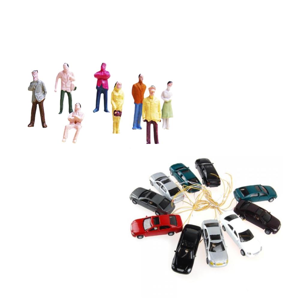 100pcs Painted Passenger Figures + 10pcs Model Car w/ Lights Diorama Scenery