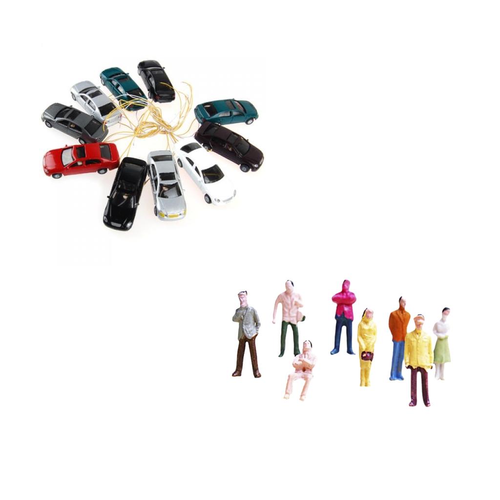 100pcs Painted Passenger Figures + 10pcs Model Car w/ Lights Diorama Scenery