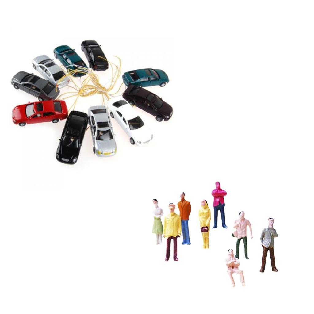 100pcs Painted Passenger Figures + 10pcs Model Car w/ Lights Diorama Scenery