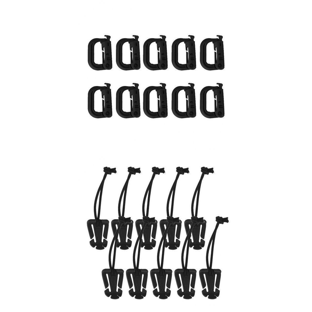 10pcs Nylon Carabiner Keychain Hook D Type Buckle + 10pcs Elastic Rope Clip