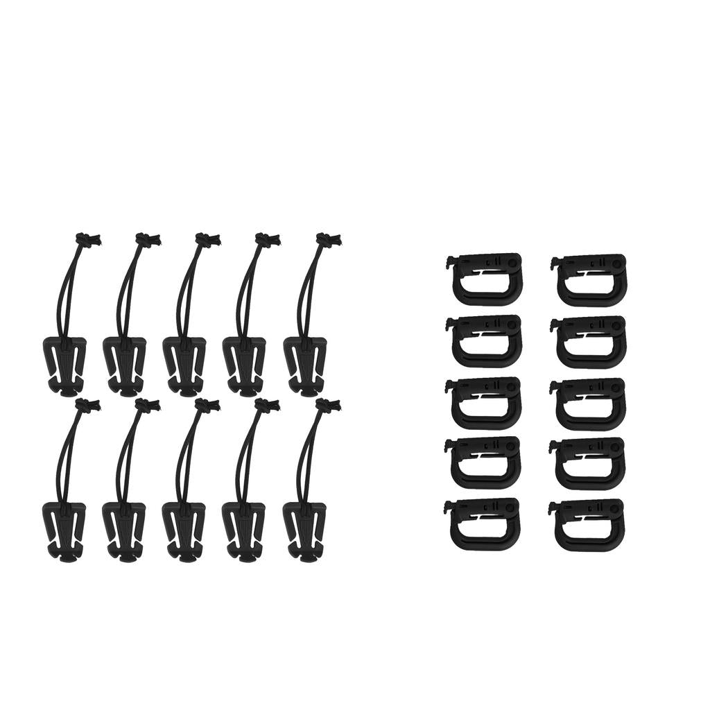10pcs Nylon Carabiner Keychain Hook D Type Buckle + 10pcs Elastic Rope Clip