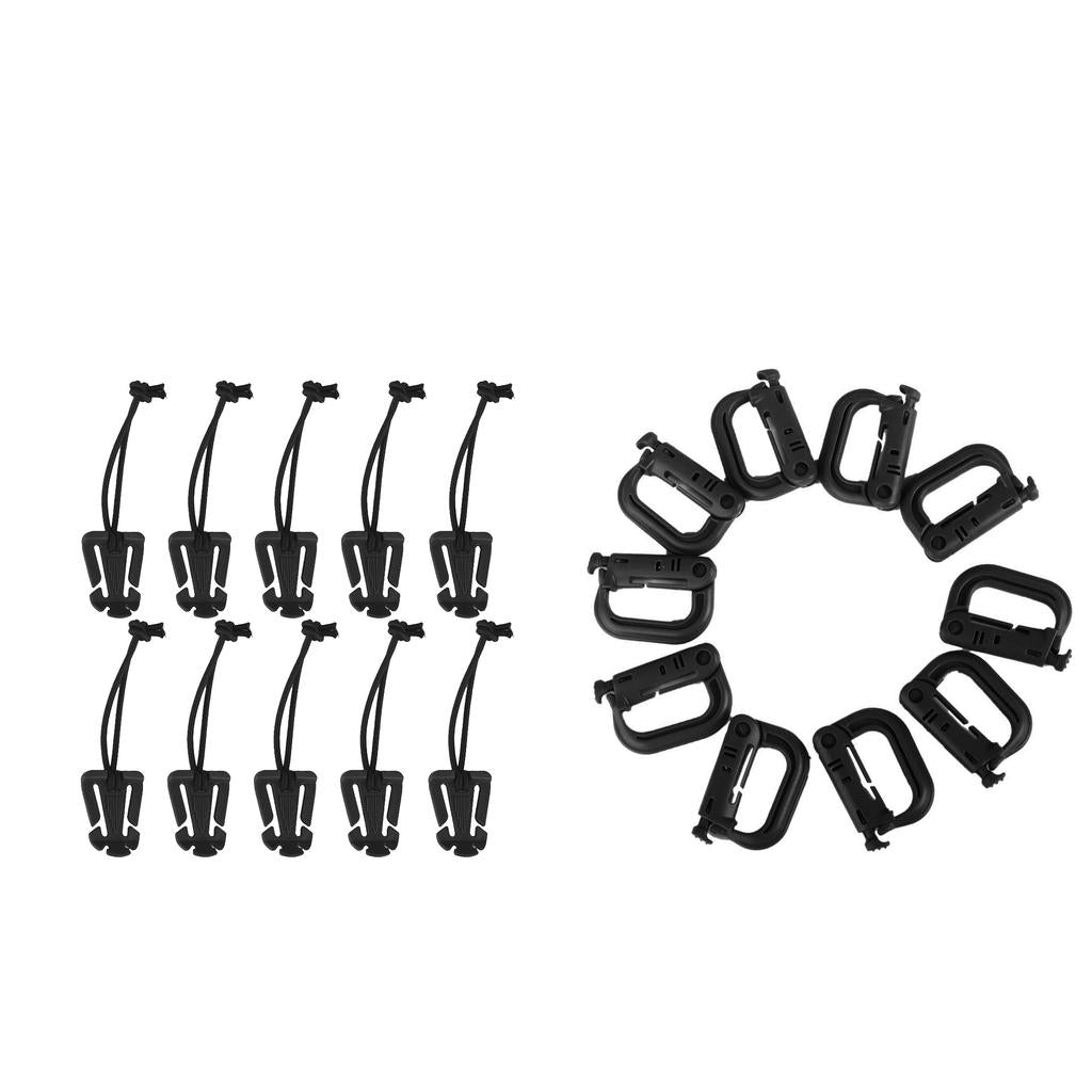 10pcs Nylon Carabiner Keychain Hook D Type Buckle + 10pcs Elastic Rope Clip