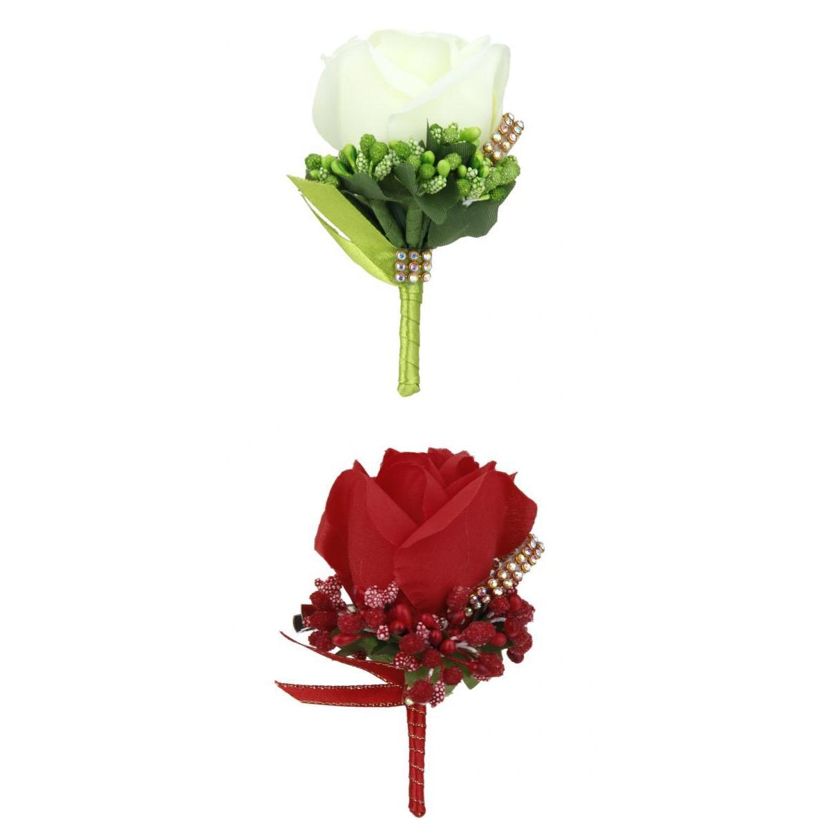 2pcs Crystal Boutonniere Corsage Wedding Party Bridal Groom Rose Silk Flower