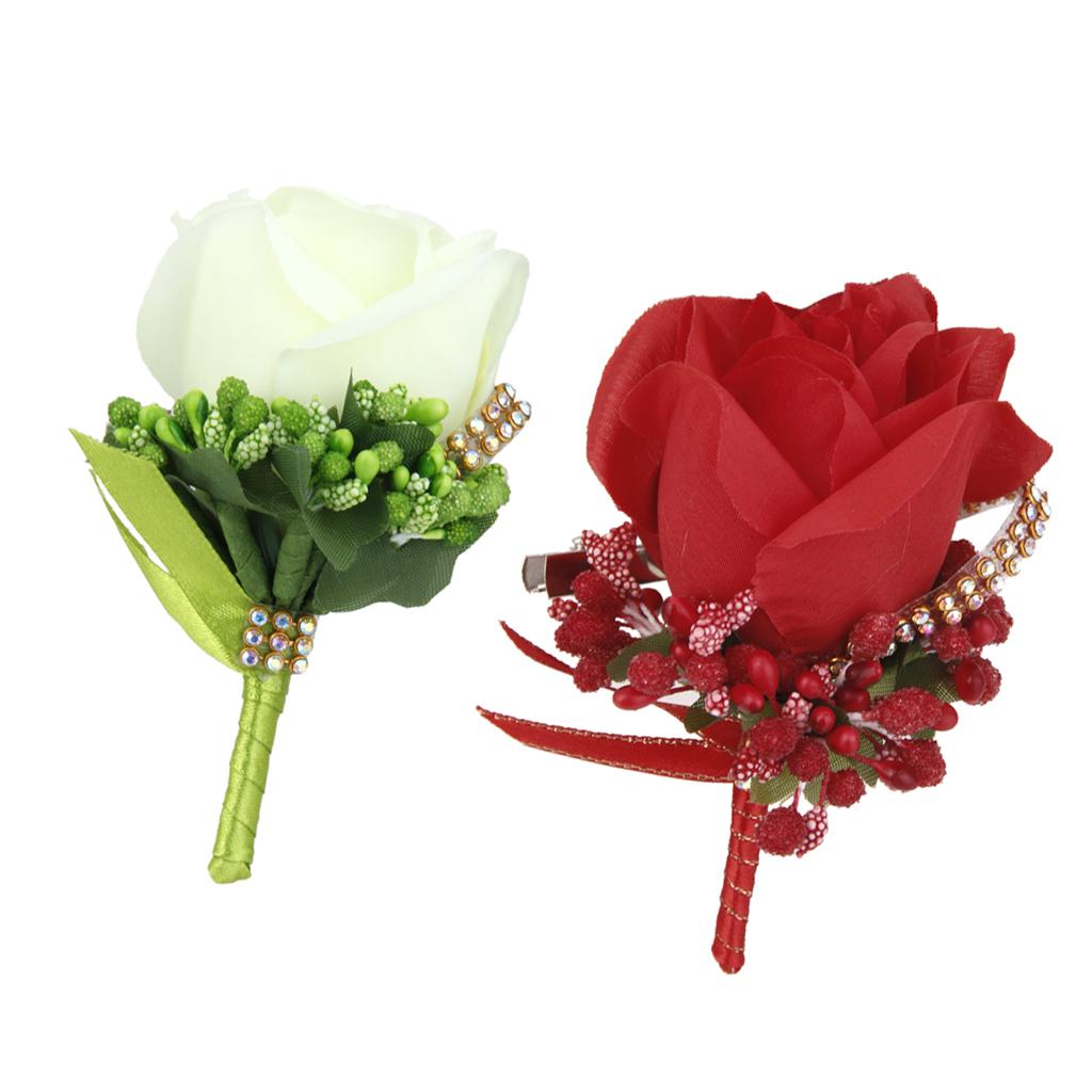 2pcs Crystal Boutonniere Corsage Wedding Party Bridal Groom Rose Silk Flower
