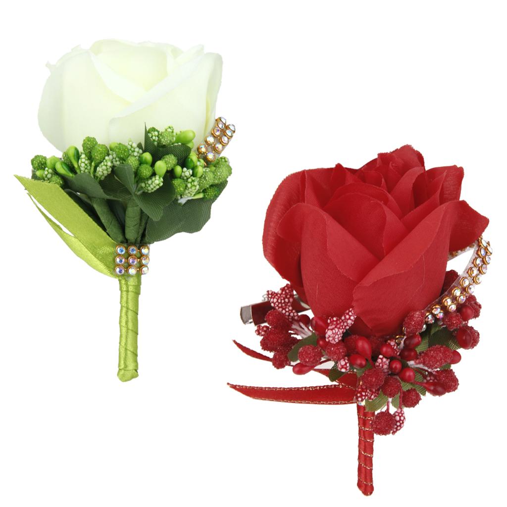 2pcs Crystal Boutonniere Corsage Wedding Party Bridal Groom Rose Silk Flower