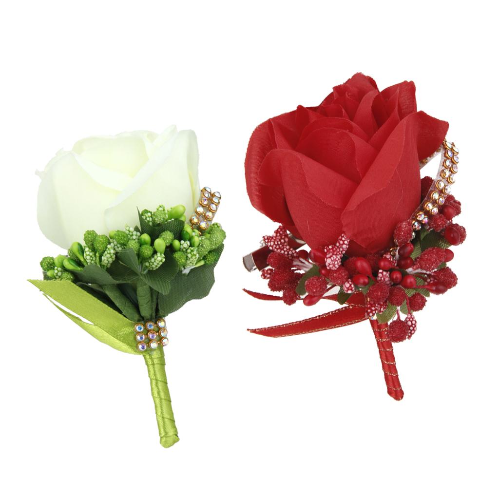 2pcs Crystal Boutonniere Corsage Wedding Party Bridal Groom Rose Silk Flower