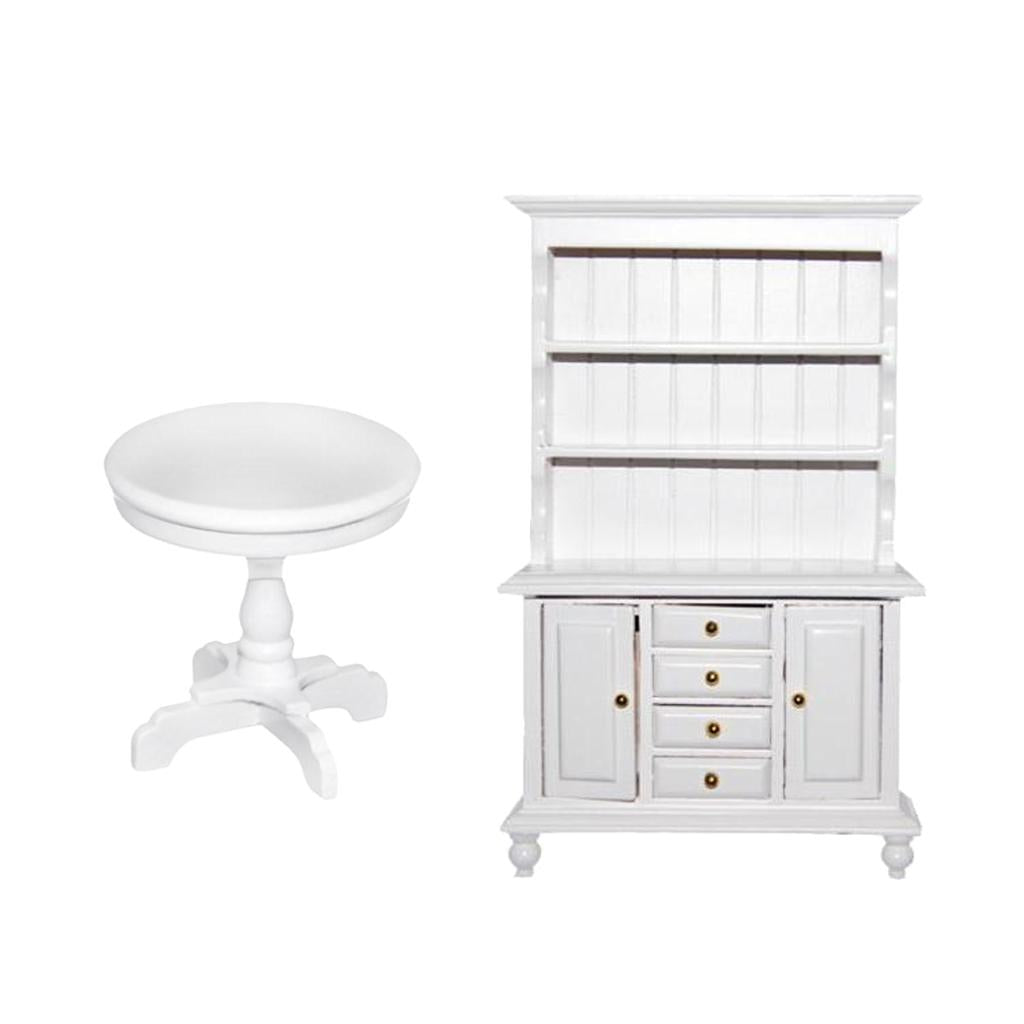 1/12 Dollhouse Miniature Wood Booshelf Cabinet Round Table Furniture Kit