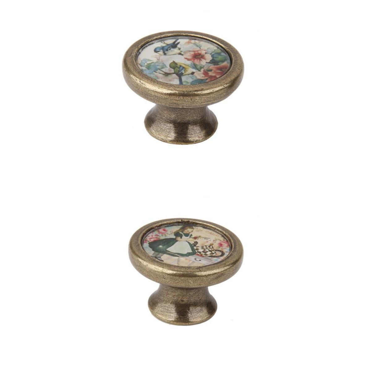 2x Vintage Cabinet Door Drawer Handle Pull Knob Hardware Girl + Flower Bird