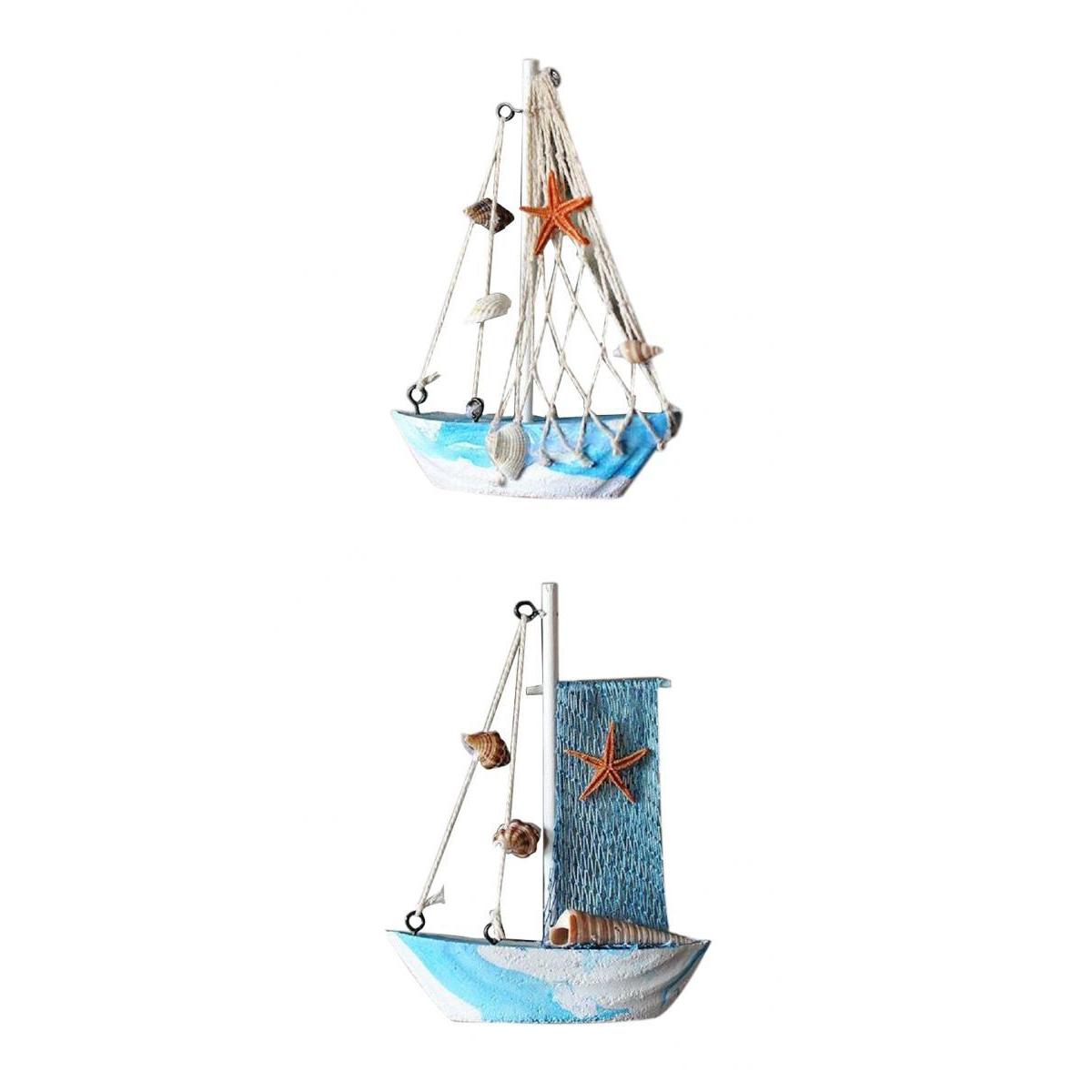 2x Mediterranean Nautical Fishing Net Wooden Sailing Boat Model Home Decor