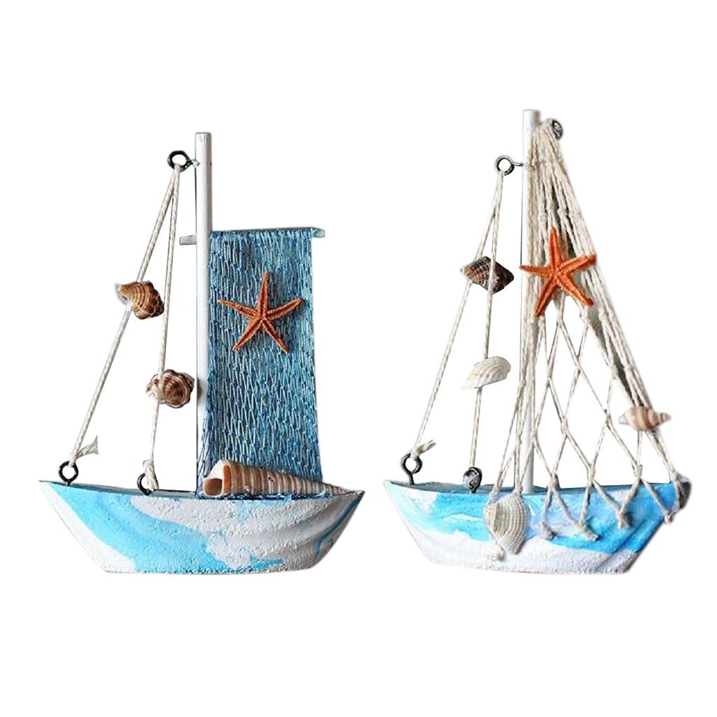 2x Mediterranean Nautical Fishing Net Wooden Sailing Boat Model Home Decor