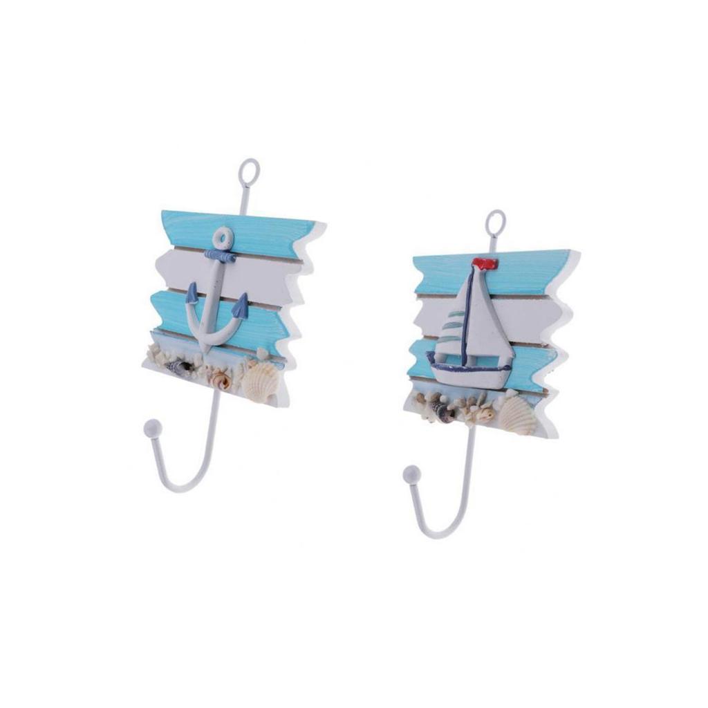 2pcs Decorative Nautical Seaside Wood&Metal Mounted Hanger Coat Hooks Rack