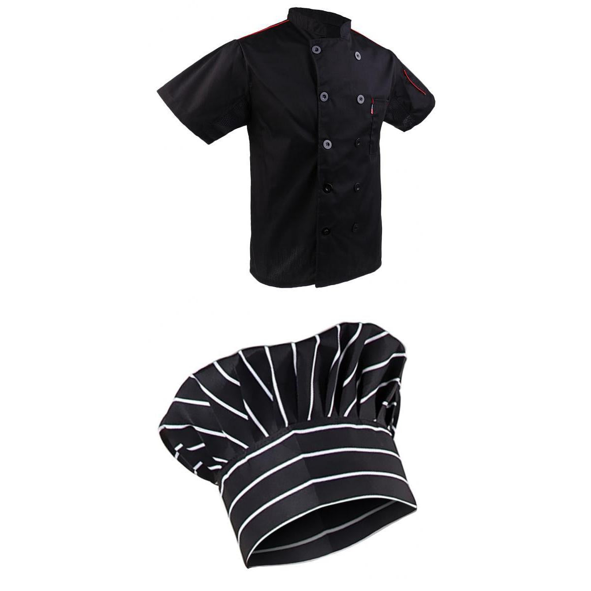 Black Chef Jacket Hotel Kitchen Apparel Coat Waiter Uniforms M Chef Hat Cap