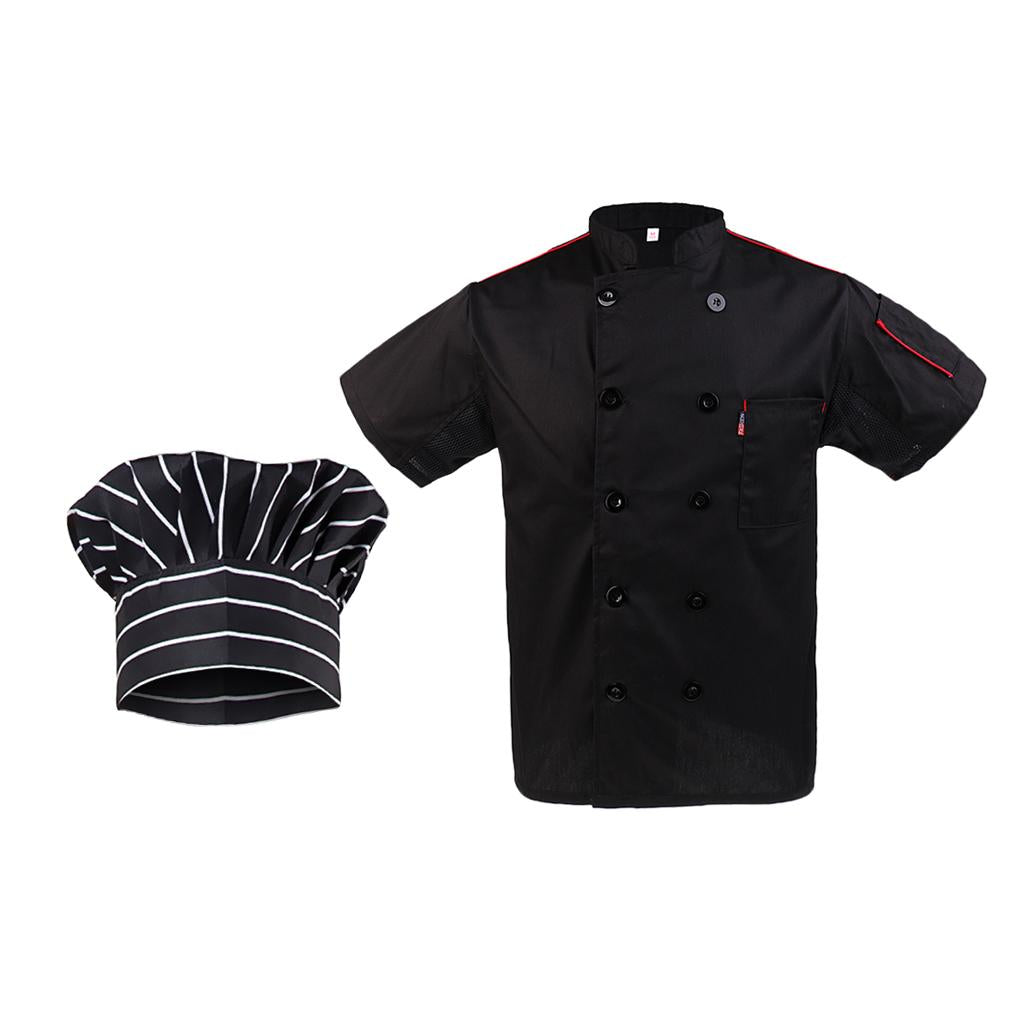 Black Chef Jacket Hotel Kitchen Apparel Coat Waiter Uniforms M Chef Hat Cap