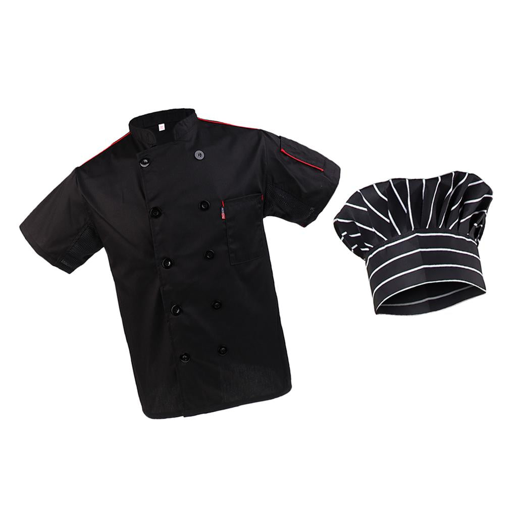 Black Chef Jacket Hotel Kitchen Apparel Coat Waiter Uniforms M Chef Hat Cap