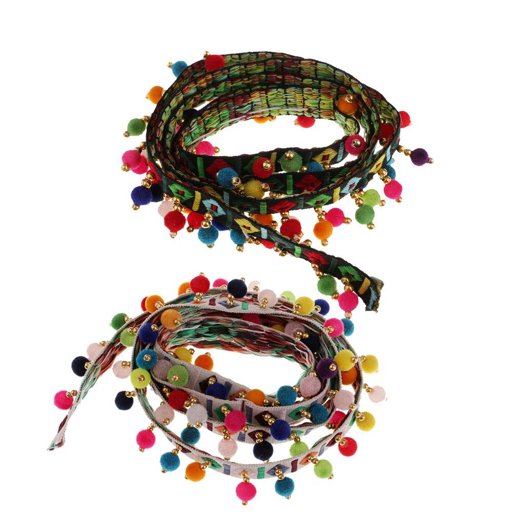 2Pcs Ethnic Style Fringed Lace Jacquard Ribbon with Pompom Ball Trim 1 Yard