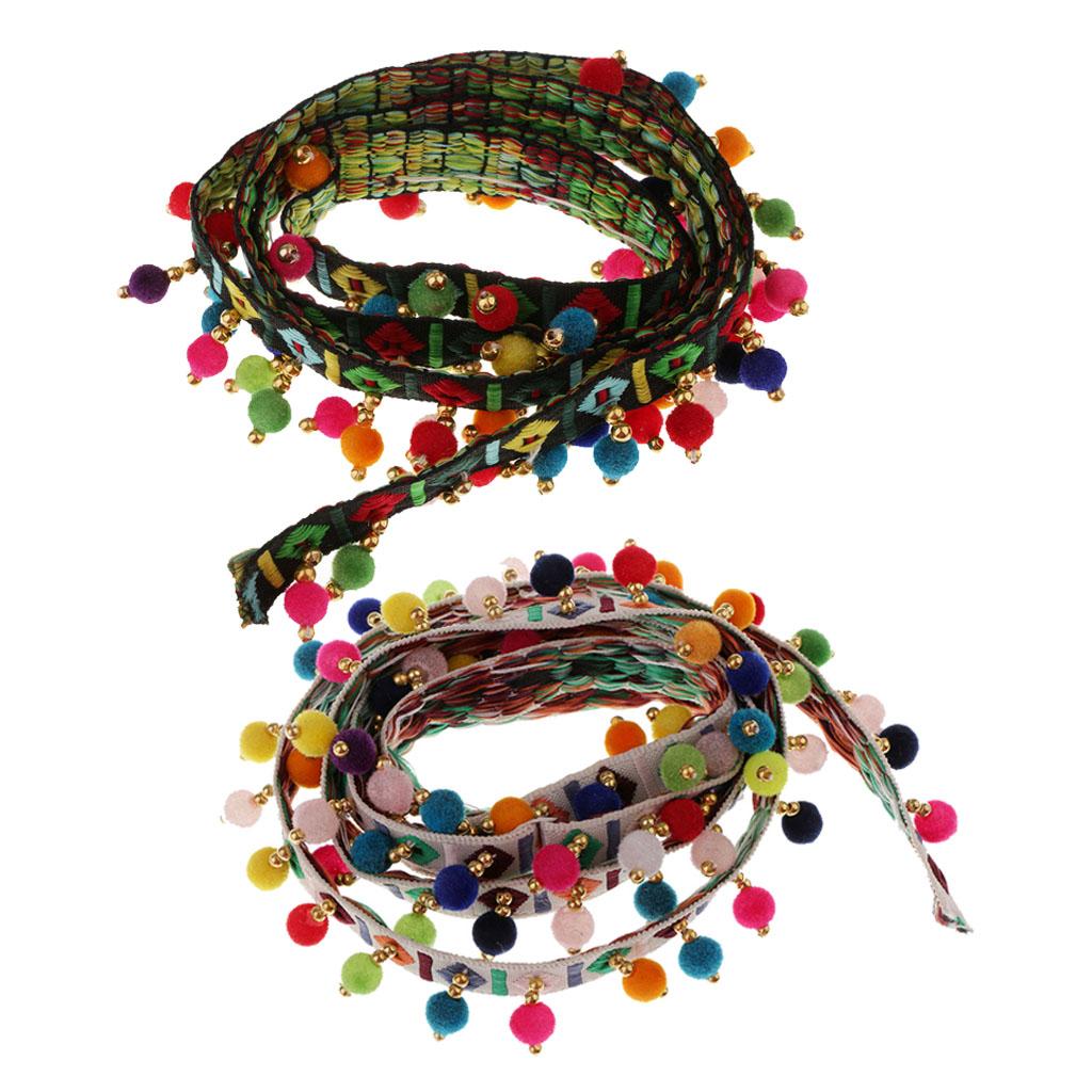 2Pcs Ethnic Style Fringed Lace Jacquard Ribbon with Pompom Ball Trim 1 Yard
