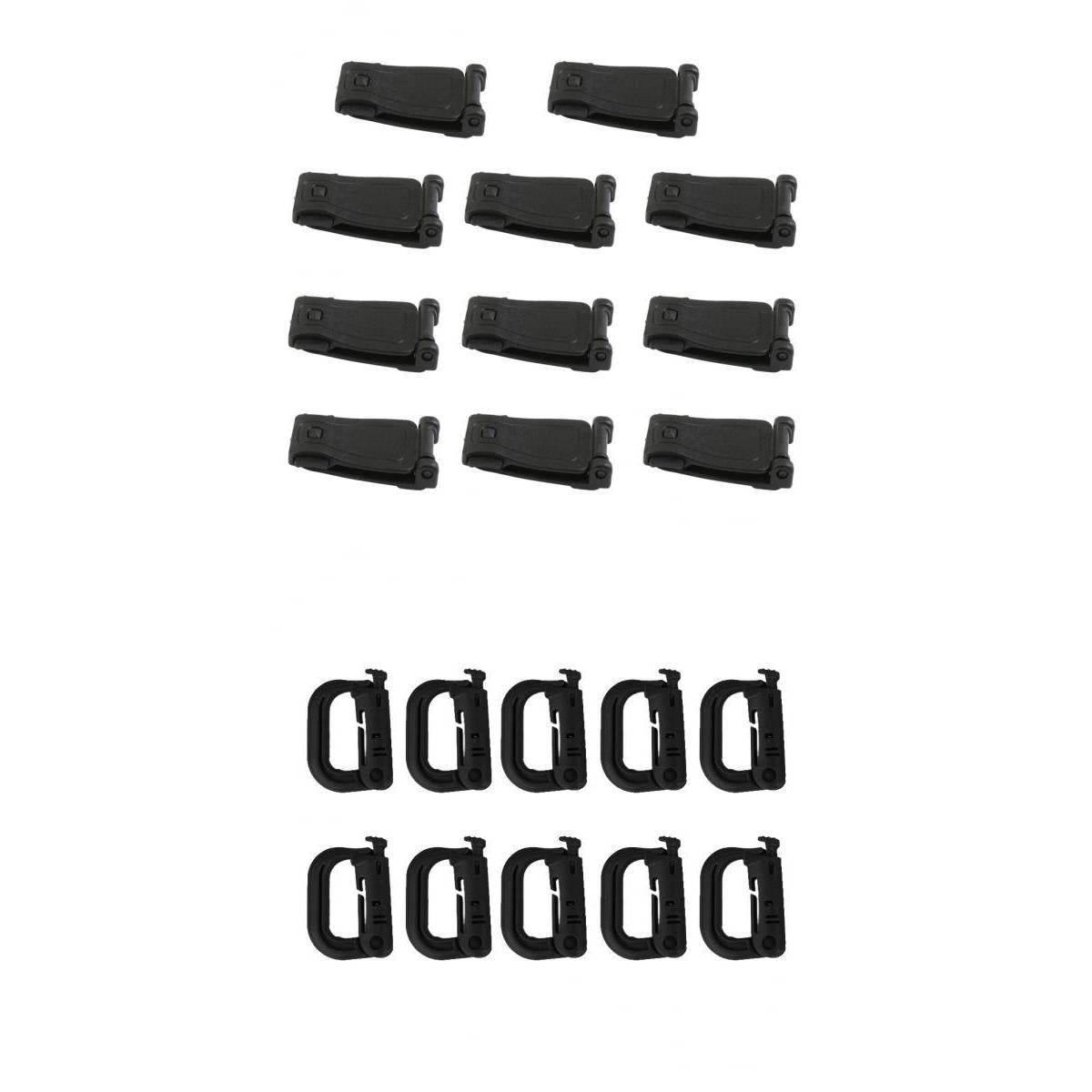 10pcs D-ring Molle Locking Webbing Buckle Carabiner + 10pcs Connecting Clips