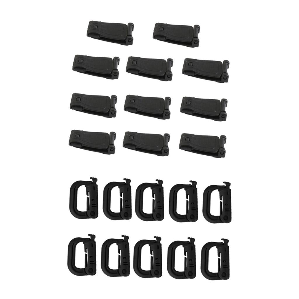 10pcs D-ring Molle Locking Webbing Buckle Carabiner + 10pcs Connecting Clips