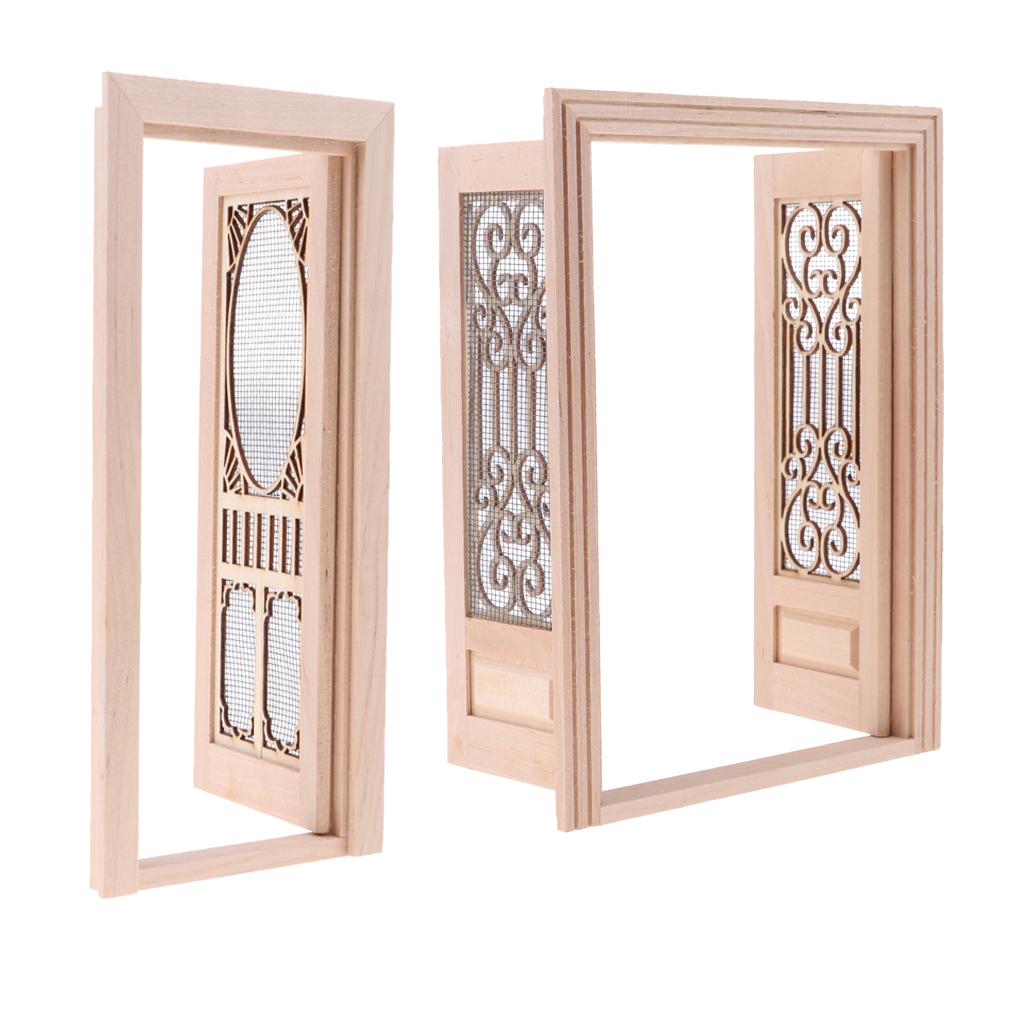 2 Pieces 1/12 Dollhouse Miniature Wood External Hollow Screen Door Unpainted