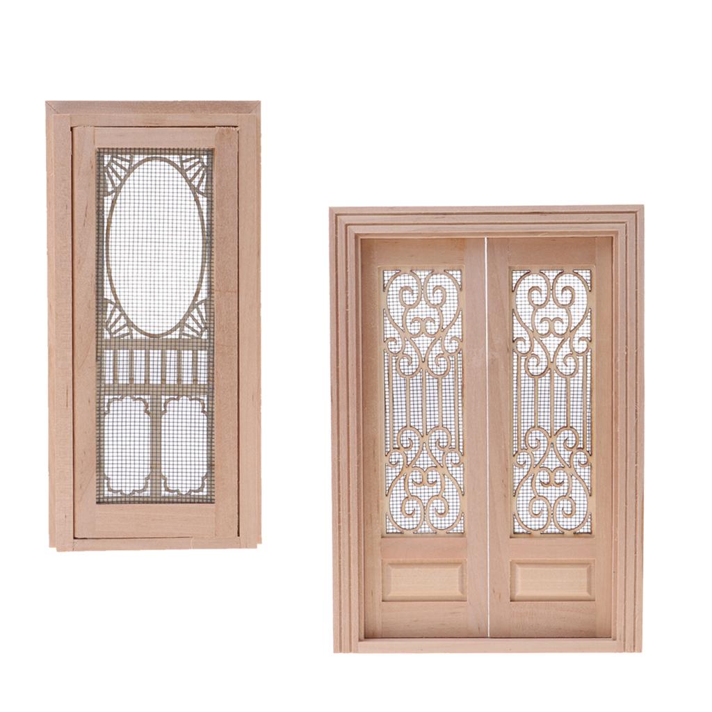 2 Pieces 1/12 Dollhouse Miniature Wood External Hollow Screen Door Unpainted