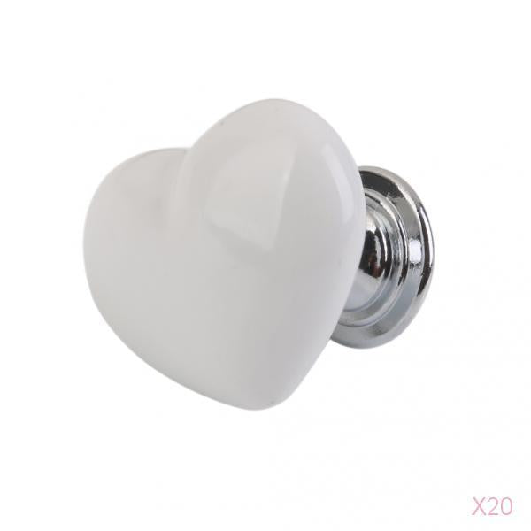 20Pcs Heart Shaped Ceramic Door Drawer Bin Handle Pull Knob Hardware White S