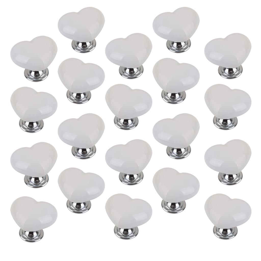 20Pcs Heart Shaped Ceramic Door Drawer Bin Handle Pull Knob Hardware White S