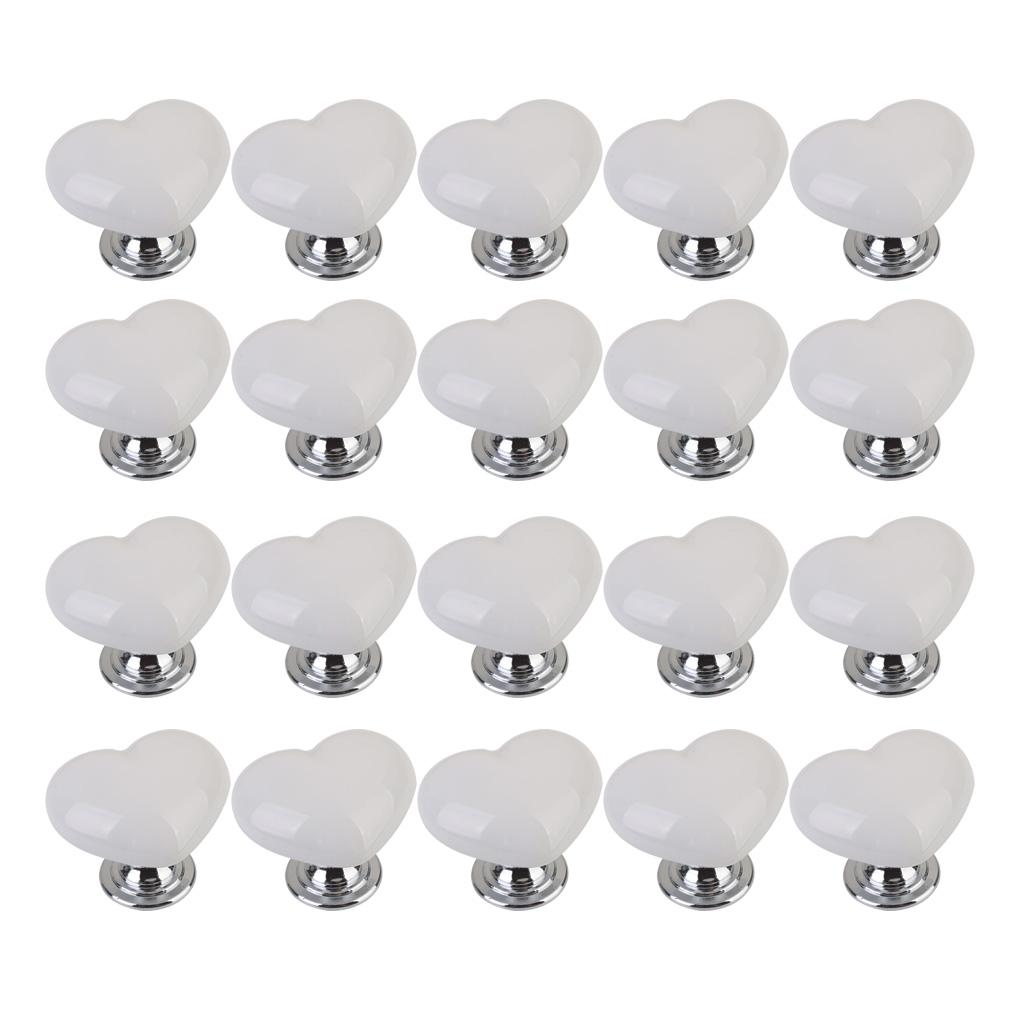 20Pcs Heart Shaped Ceramic Door Drawer Bin Handle Pull Knob Hardware White S