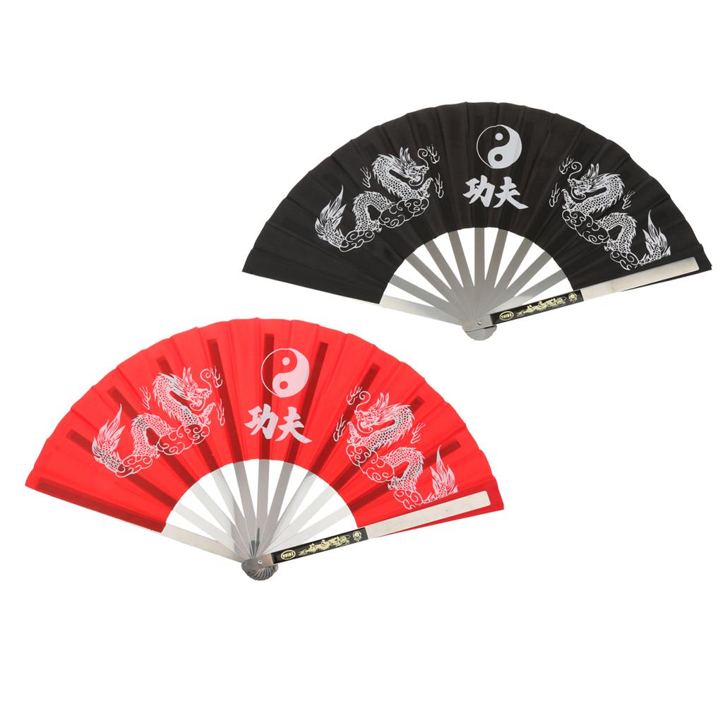 2Pcs Chinese Kung Fu Martial Arts Tai Chi Dragon Stainless Steel Frame Fan